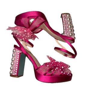 NWOB Betsey Johnson Lulu Women's Sandal Size 7M‎ Pink Bow Pearl Wedding Block